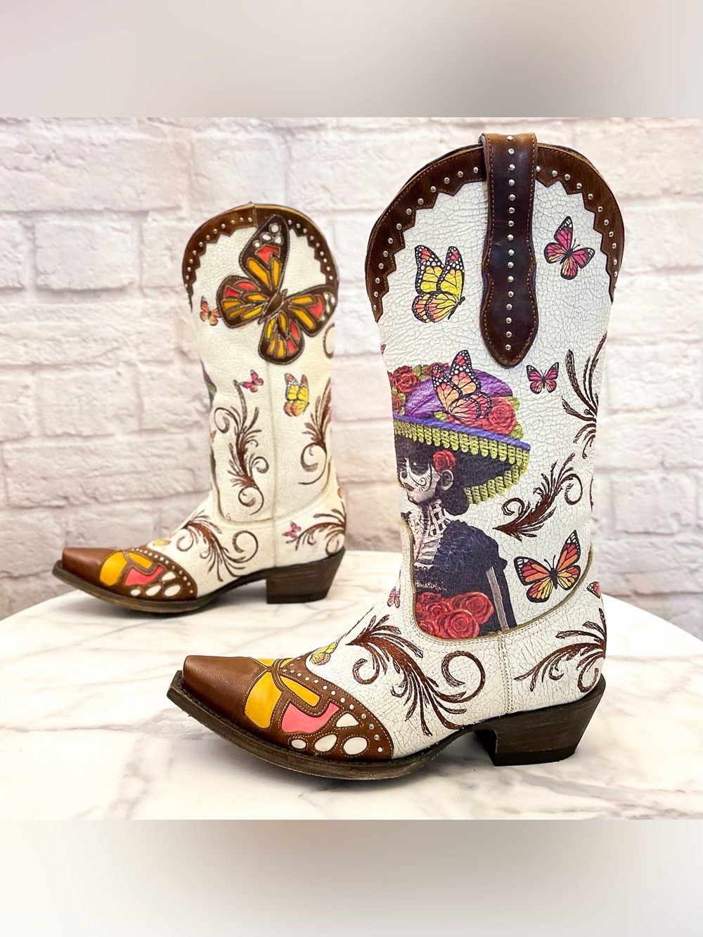 Old Gringo Catarina Cowboy Boots Dia De Los Muertos Taupe 5.5B EUC - Picture 3 of 9
